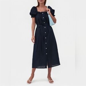 Sleeper Brigitte Linen Button Up Midi Dress Navy Blue Lounge Sz S